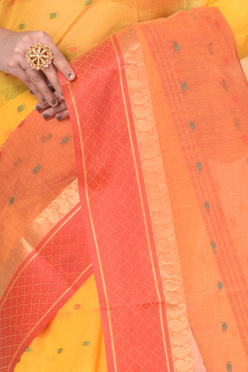 Yellow Pure Cotton Ganga Jamuna_Buti Tant Saree (650)